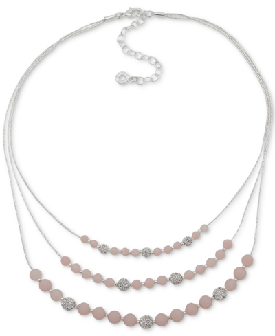 Anne Klein Silver-tone Stone Bead & Pave Fireball Layered Necklace, 16" + 3" Extender In Pink