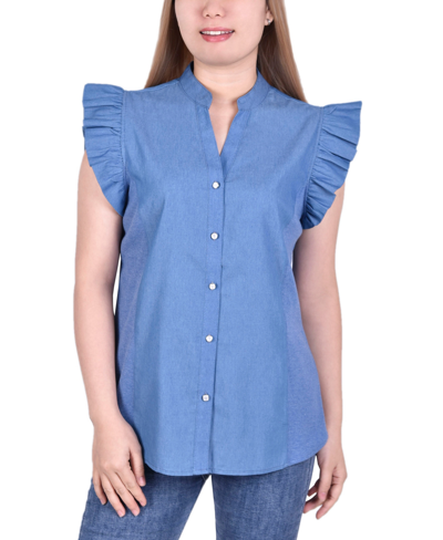 Ny Collection Petite Ruffle Flange Chambray Blouse In Medium Wash