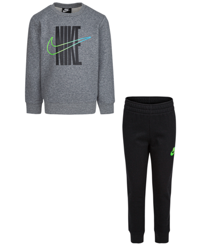 Nike Kids' Little Boys Fleece Crew Sweatshirt And Pants, 2 Piece Set In Black