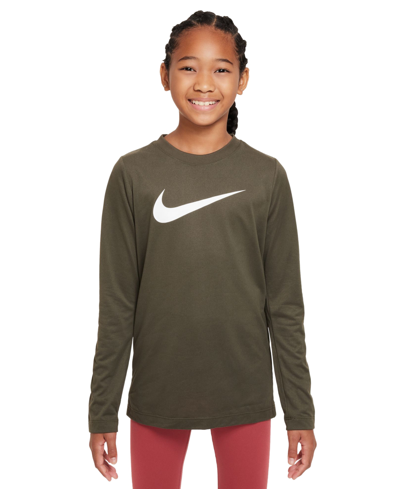 Nike Big Kids Dri-fit Legend Logo-print Long-sleeve Training T-shirt In Cargo Khaki