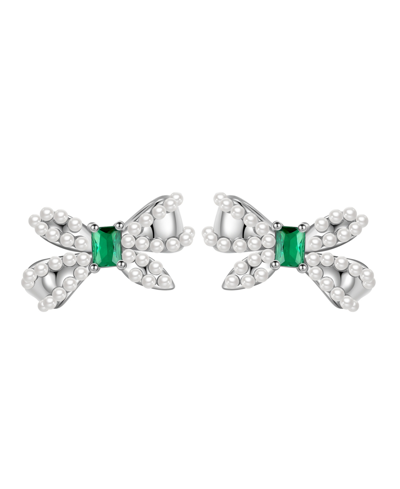 Macy's Simulated Pearl And Cubic Zirconia Bow Stud Earrings In Green