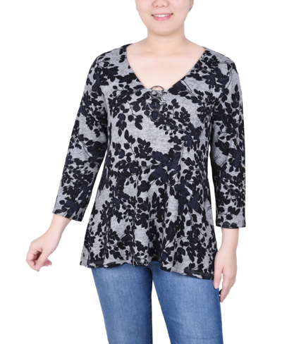 Ny Collection Petite 3/4 Sleeve 3-ring Top In Black Gray Floral