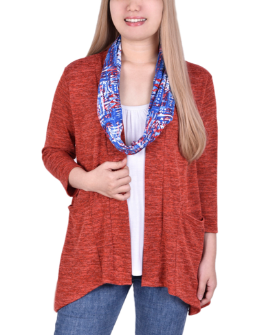 Ny Collection Petite 3-fer Cardigan With Tank And Scarf Top In Coral Tropaintrio