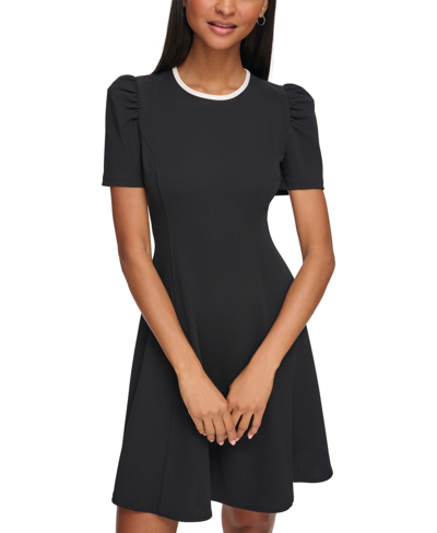 Karl Lagerfeld Short Puff Sleeve Scuba Crepe Dress In Black/soft White