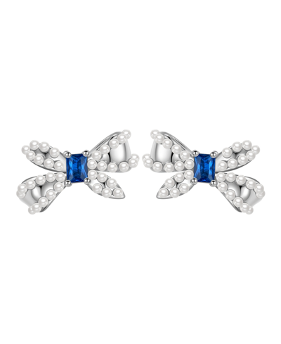 Macy's Simulated Pearl And Cubic Zirconia Bow Stud Earrings In Blue