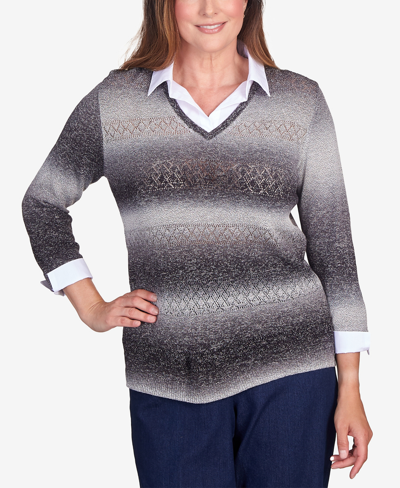 Alfred Dunner Women's Classic Space Dye With Woven Trim Layered Sweater In Black,gray