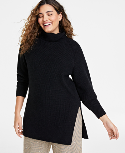 On 34th Women's Turtleneck Waffle-knit Tunic Sweater, Created For Macy's In Deep Black