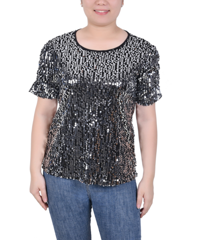 Ny Collection Petite Short Sleeve Sequined Top In Silver