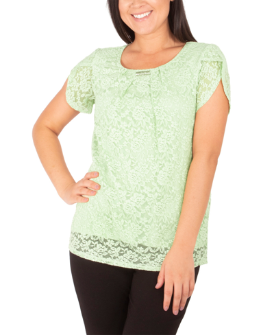 Ny Collection Petite Short Petal Sleeve Lace Top In Seafoam