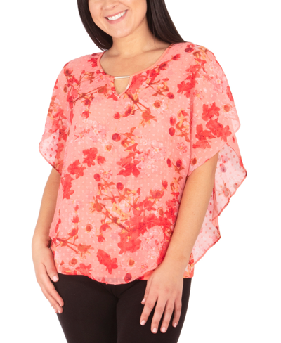 Ny Collection Petite Asymmetrical Poncho Top With Necklace In Coral Miniblossom