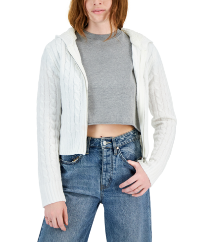 Crave Fame Juniors' Mossy Hooded Zippered Sweater In Ivory