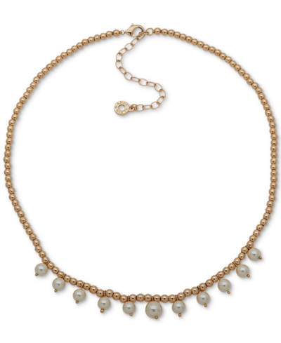 Anne Klein Gold-tone Shaky Imitation Pearl Beaded Statement Necklace, 16" + 3" Extender In Crystal