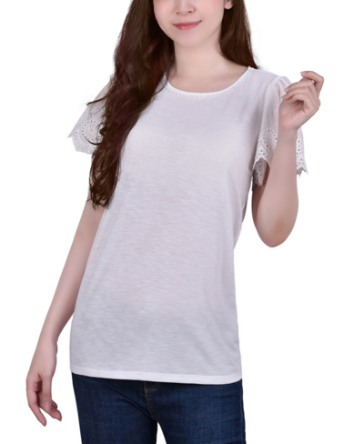 Ny Collection Petite Short Flutter Sleeve Pullover Top In White