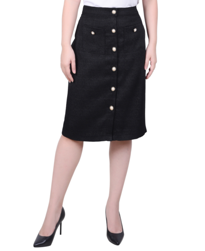Ny Collection Petite Slim Tweed Double Knit Knee Length Skirt In Black Lurex