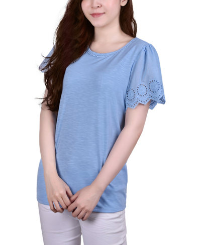 Ny Collection Petite Short Flutter Sleeve Pullover Top In Power Blue