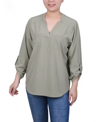 Ny Collection Petite Roll Tab Sleeve Blouse With Pockets In Tea