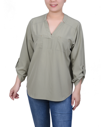 Ny Collection Petite Roll Tab Sleeve Blouse With Pockets In Tea