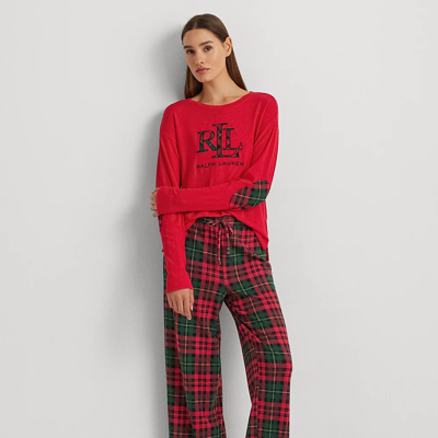 Lauren Ralph Lauren Crew Neck Knit Pajama Set In Red Plaid
