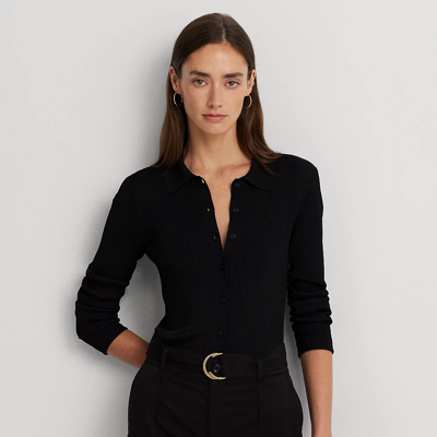 Lauren Petite Rib-knit Long-sleeve Polo Cardigan In Black