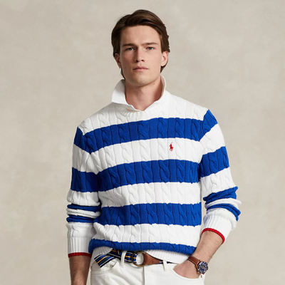 Ralph Lauren Striped Cable-knit Cotton Sweater In White Combo