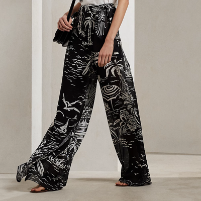 Ralph Lauren Yazmin Beach-print Silk Gauze Pant In Black/white