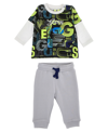 GUESS BABY BOYS COTTON JERSEY ALL OVER PRINT FAUX TWOFER TOP AND FRENCH TERRY JOGGERS, 2 PIECE SET