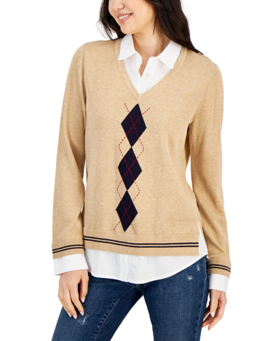 Tommy Hilfiger Plus Size Cotton Layered-look Sweater In Lt Heather Fawn,sky Captain,chili Pepp