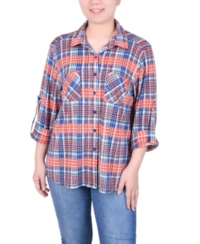 Ny Collection Plus Size Long Sleeve Button Front Tunic Top In Rust Denim Plaid