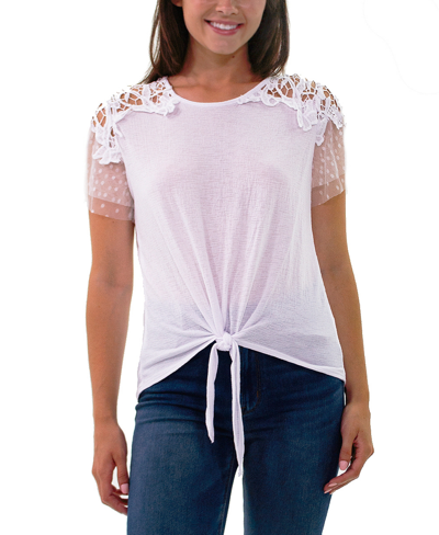 Ny Collection Petite Short Sleeve Lace Detail Top In White Mixcombo