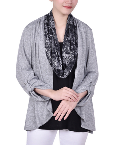 Ny Collection Petite Knit 3-fer With Detachable Scarf Top In Gray Slubduo