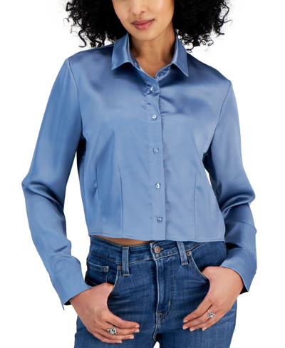 Crave Fame Juniors' Satin Cropped Button-up Shirt In Slate Blue