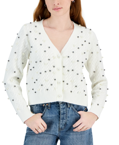 Lucy Paris Women's Imitation-pearl-embellished Long-sleeve Cardigan In Ivory With Mixed Blk,wht Pearl