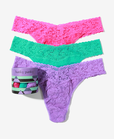 Hanky Panky Women's Holiday 3 Pack Original Rise Thong Underwear In Passionate Pink,seafoam Blue,electric
