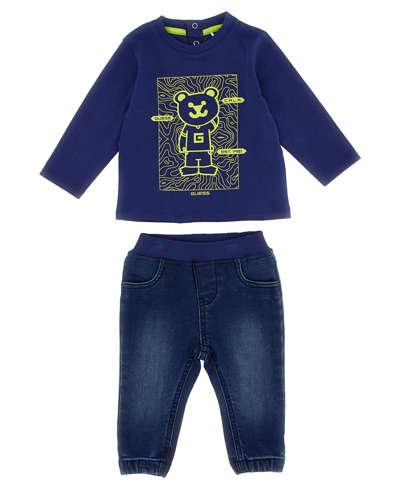 Guess Baby Boys Cotton Jersey With Rubberized Artwork Top And Stretch Denim Joggers, 2 Piece Set In Blue