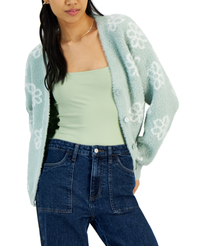 Crave Fame Juniors' Floral Button-up Eyelash Cardigan In Sage Combo