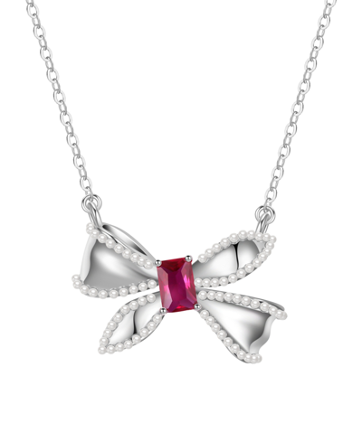 Macy's Simulated Pearl And Cubic Zirconia Bow Pendant Necklace In Red