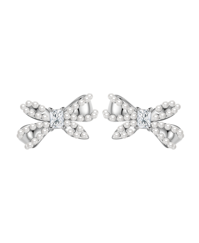 Macy's Simulated Pearl And Cubic Zirconia Bow Stud Earrings In Clear