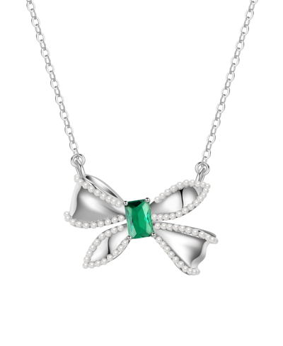 Macy's Simulated Pearl And Cubic Zirconia Bow Pendant Necklace In Green