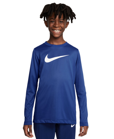 Nike Big Kids Dri-fit Legend Logo-print Long-sleeve Training T-shirt In Game Royal,white