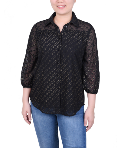 Ny Collection Women's 3/4 Sleeve Foiled Jacquard Chiffon Blouse In Black Gold