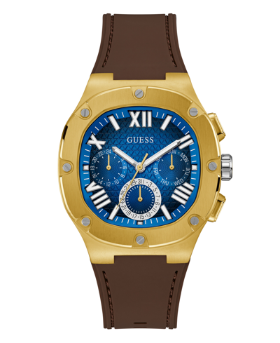 Guess Men's Brown Gold Tone Multi-function Blue Dial Watch