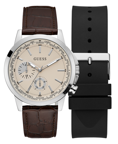 Guess Men's Multi-function Brown Genuine Leather Watch 44mm Gift Set