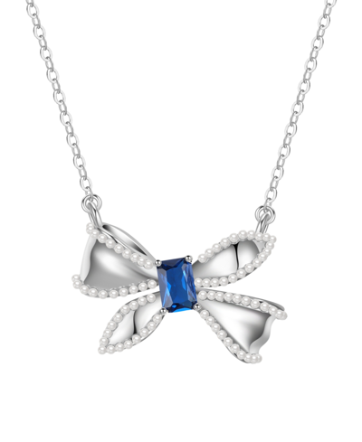 Macy's Simulated Pearl And Cubic Zirconia Bow Pendant Necklace In Blue