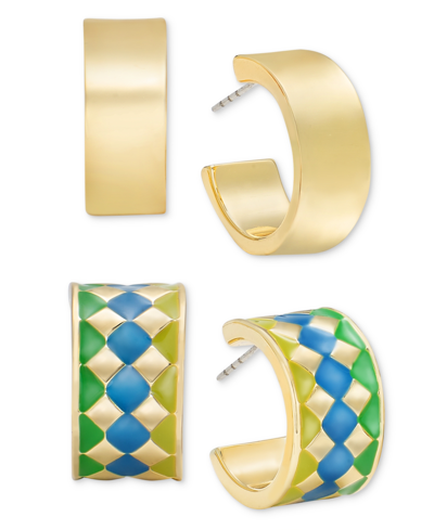 On 34th Gold-tone 2-pc. Set Small Color Block Hoop Earrings, Created For Macy's In Green