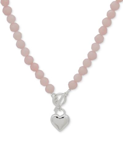 Anne Klein Silver-tone Heart Stone Beaded Pendant Necklace, 16" + 3" Extender In Pink