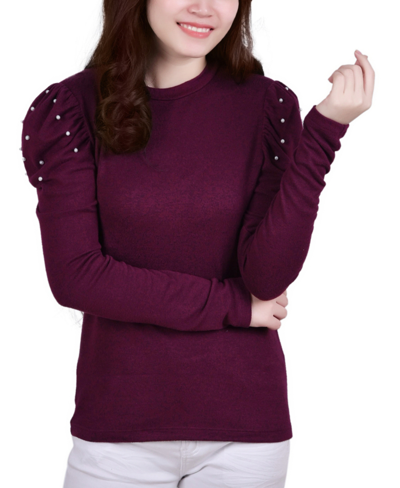 Ny Collection Petite Puff Sleeve Knit Top In Burgundy Enzo