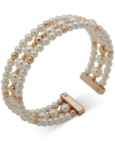 Anne Klein Gold-tone Imitation Pearl Beaded Cuff Bracelet In Crystal