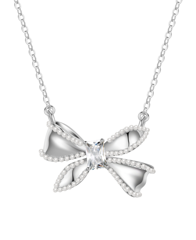 Macy's Simulated Pearl And Cubic Zirconia Bow Pendant Necklace In Clear