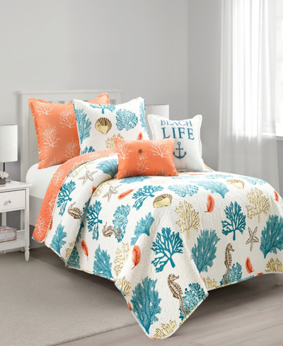 Lush Decor Coastal Reef Feather Reversible Oversized 5-piece Quilt, Twin/twin Xl In Blue