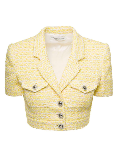 Alessandra Rich Tweed Short-sleeve Cropped Jacket In Yellow